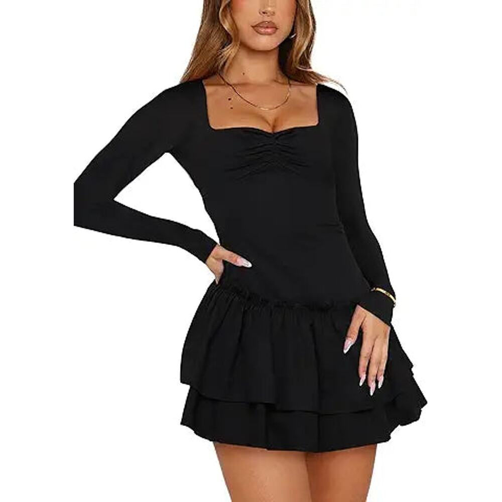 HYPERFIRE Women's Elegant Sweetheart Neck Long Sleeve Mini Dress Flowy Swing